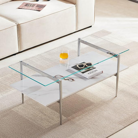 AGV LIGHTING Tadio Glass Coffee Table, Mid-Century Modern Coffee Table for Living Room, Chrome Finish Leg, Clear Glass Top & Faux Marble Wood Shelf, 41 in
