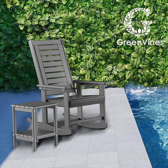 GREENVINES Outdoor Rocking Chairs | Set of 2 | Porch Rocker | HDPE Plastic | Grey | Oversized Rockers | High Back | Big & Tall | Ladder Back | for Patio Outside Backyard Balcony Garden