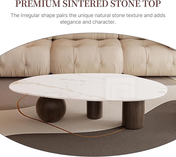 Modern Oval Coffee Table for Living Room, 54" Sintered Stone Cloud Coffee Tabletop with 3 Metal Legs, Minimalist Living Room Table Tea Table Center Table for Home Office