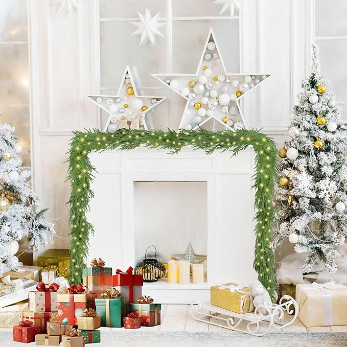 2Pcs 6FT Christmas Norfolk Pine Garland with Light, Lighted Real Touch Norfolk Pine Garland, Artificial Greenery Garlands for Indoor Outdoor Fireplace Wall Stairs Table Xmas Decor