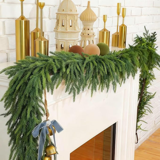 Christmas Decorations Artificial Norfolk Pine Garlands 6FT 2Pcs, Real Touch Winter Pine Garland, Green Artificial Greenery Garland for Table, Mantle, Wall, Indoor, Outdoor Decorations