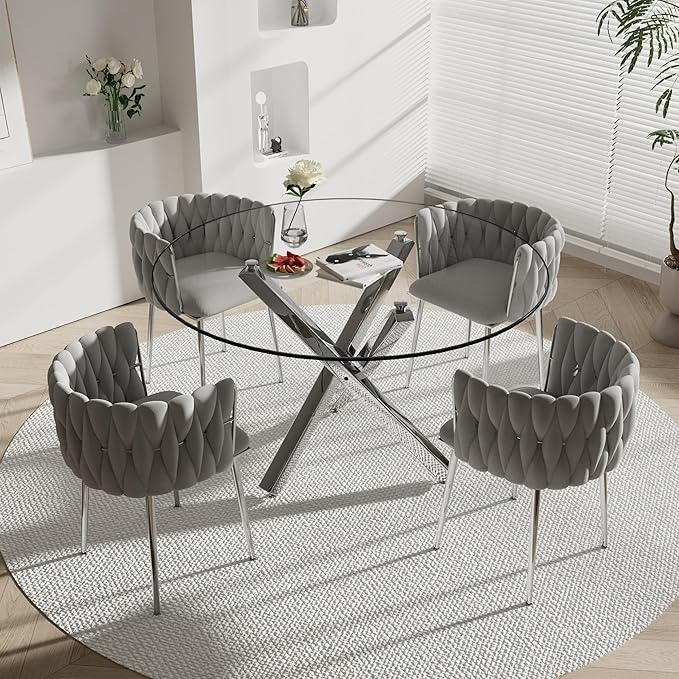 Silver Luxury Round Dining Table Set for 4, 47'' Clear Circle Glass Top Dinner Table Set, 5 PCS Modern Circular Kitchen Table and Grey Woven Chairs Set, for Large Apartment Living Room