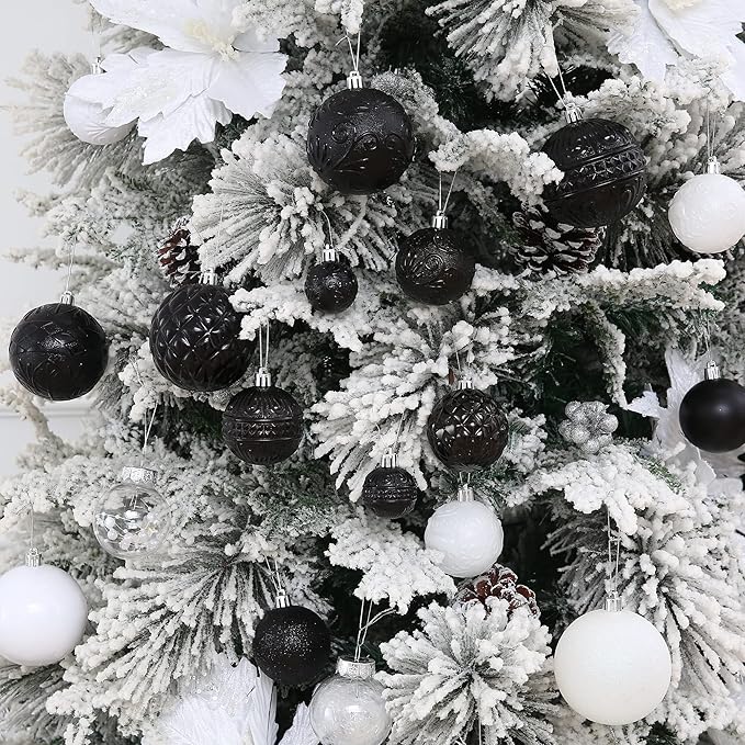 Christmas Ball Ornaments Black Christmas Tree Decorations with Hang Rope-36pcs Shatterproof Christmas Ornaments Set with 6 Styles in 3 Sizes(Small Medium Large)