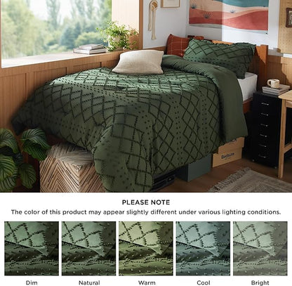 Bedsure Twin Comforter Set - Olive Green Comforter, Boho Tufted Shabby Chic Bedding for Kids, 2 Pieces Vintage Farmhouse Bed Set for All Seasons, Fluffy Soft Bedding with 1 Pillow Sham