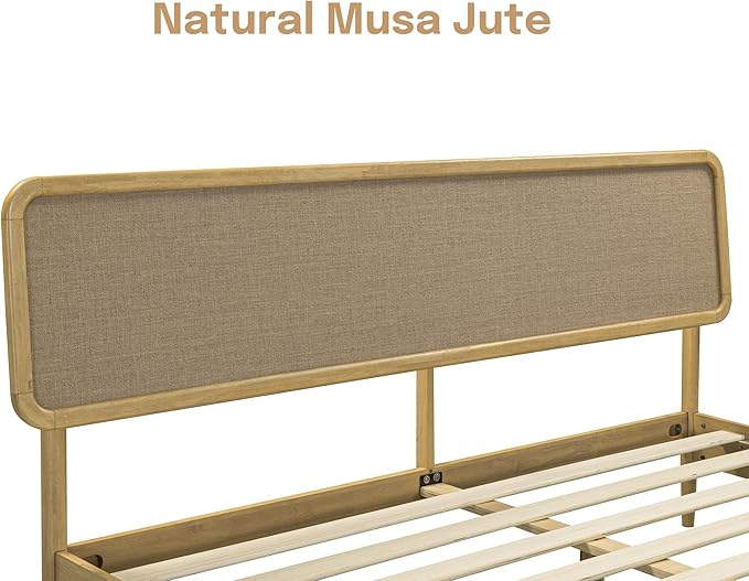 NTC Lupin Wooden Bed Frame with Headboard, Solid Oak and Rubber Wood Foundation with Silent Slats and Wood Central Supports, 1000 Lb Capacity, King - Sand