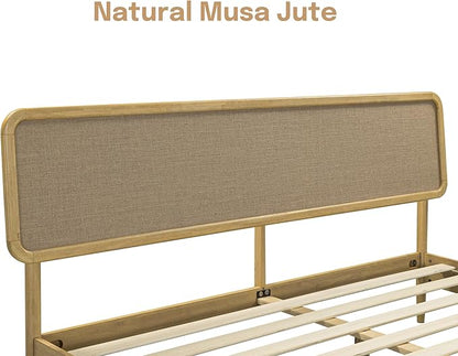 NTC Lupin Wooden Bed Frame with Headboard, Solid Oak and Rubber Wood Foundation with Silent Slats and Wood Central Supports, 1000 Lb Capacity, King - Sand