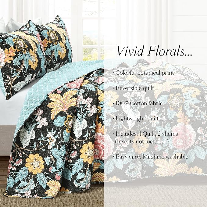 Lush Decor Sydney Reversible Cotton Quilt Set Queen 3 Piece Bedding, Black Blue