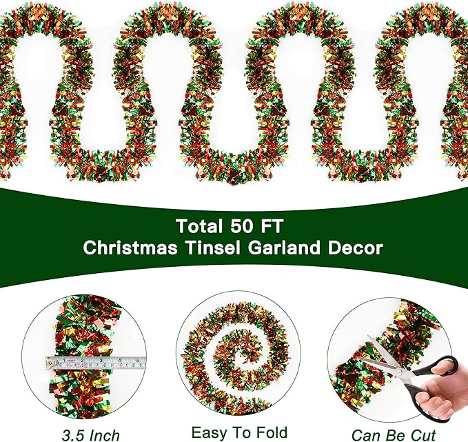 50 Feet Red Green Gold Metallic Twist Shiny Christmas Tinsel Garland for Tree, Mantle, Indoor/Outdoor Decor