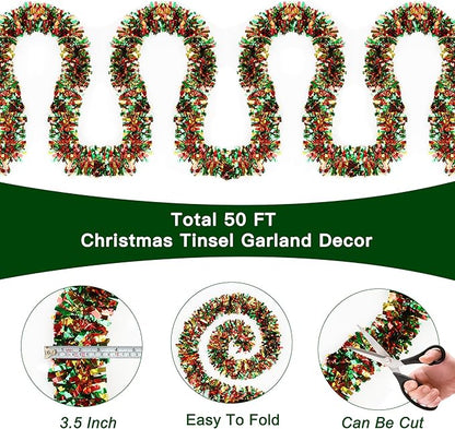 50 Feet Red Green Gold Metallic Twist Shiny Christmas Tinsel Garland for Tree, Mantle, Indoor/Outdoor Decor