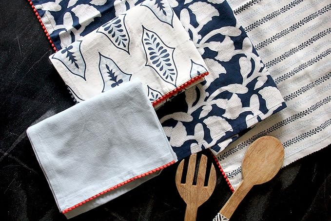TARAN LIVING Kitchen Towels Dish Towels for Kitchen Tea Towels for Gifting Bar Towels for Kitchen Towels Hand Printed Dish Cloths - 18"x28"- Blue, Pack of 4
