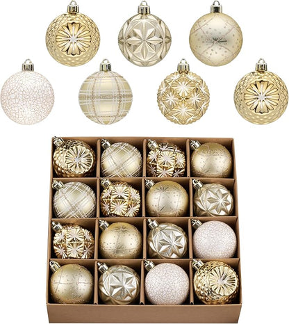 Valery Madelyn Ornaments for Christmas Trees, 16ct 2.36 Inches White and Gold Shatterproof Christmas Tree Decorations, Luxury Hanging Ball Ornaments for Xmas Holiday Party Decor