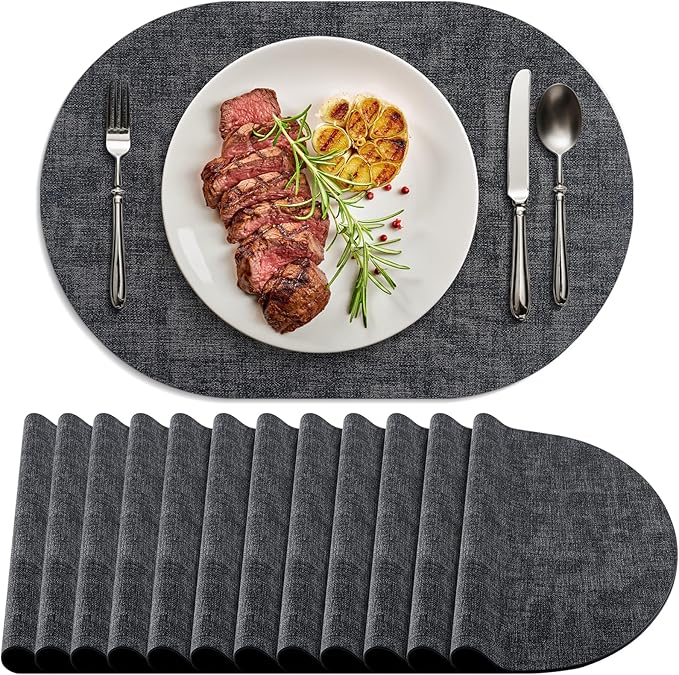 Placemats Set of 12 Washable, Heat Resistant Table Placemats Wipeable Faux Leather Oval Place Mats Non Slip, Waterproof Oval Table Mats for Indoor Outdoor, Charcoal