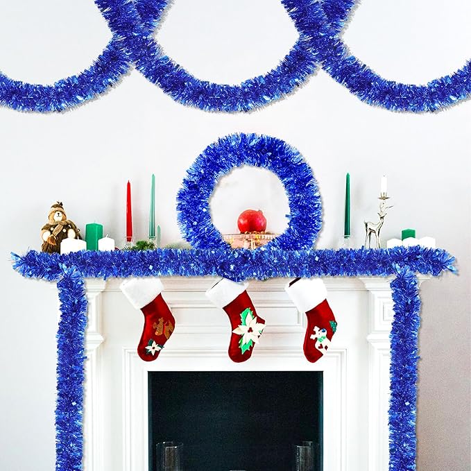 50 Feet Blue Christmas Tinsel Garland for Christmas Tree Decorations, Xmas Metallic Twist Shiny Hanging Garland Decor for Mantle Stairs Fireplace Home Holiday Indoor Outdoor