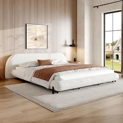 White King Size Bed Frame, Upholstered Cloud Boucle Platform Beds Frames with Headboard, Anti-Collision Soft Rounded Corners Footboard, No Box Spring Required, Easy Assembly (29" H White, King)