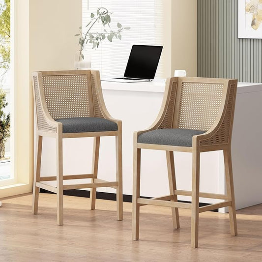 Merax 30" Fabric Upholstered Wood and Cane Barstools with Backrest,Set of 2,French Country Counter Stools Chair