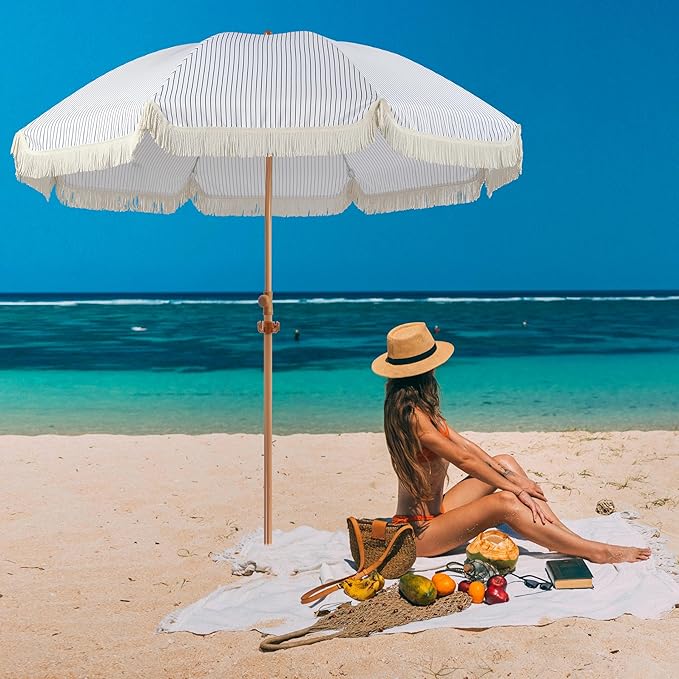7.5ft Patio Umbrella with Fringe, Beach Umbrella, Fringe Umbrella Outdoor Patio with Hanging Hook, Tilting Aluminum Pole, UV 50+, Fiberglass Ribs, Blue White Stripe