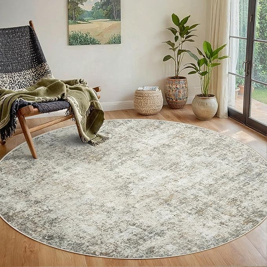 Round Rug 5ft Circle Rug Washable: Carpet Small Circular Area Rug for Entryway Kitchen Bedroom Dining Room Living Room 5 Feet Abstract College Dorm Non Slip Low Pile Beige Brown