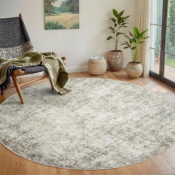Round Rug 6ft Circle Rug Washable: Carpet Small Circular Area Rug for Entryway Kitchen Bedroom Dining Room Living Room 6 Feet Abstract College Dorm Non Slip Low Pile Beige Brown