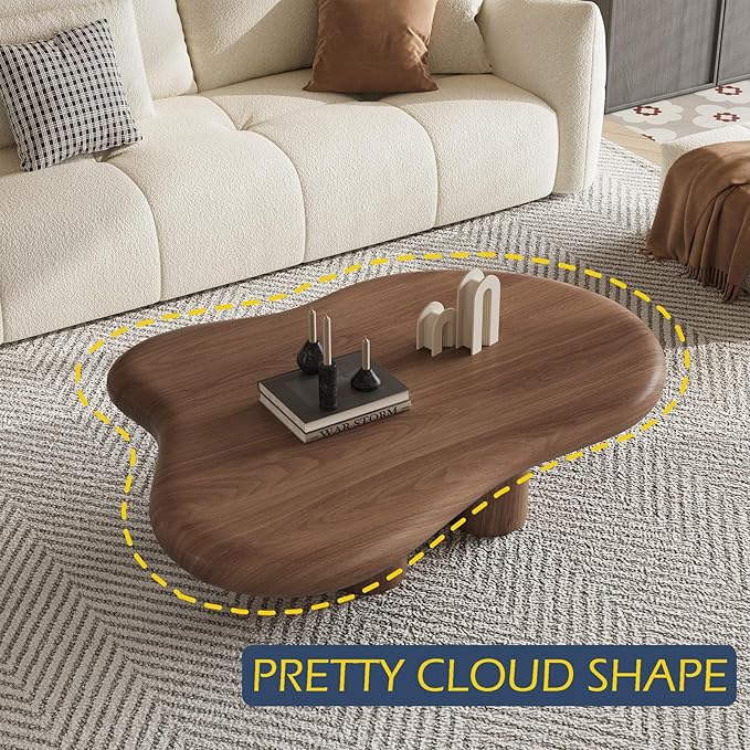 48.42" Modern Cloud Coffee Table for Living Room, Dark Brown Wood Coffee Table with 4 Sturdy Legs, Mid-Century Modern Tea Table Living Room Table for Home Office