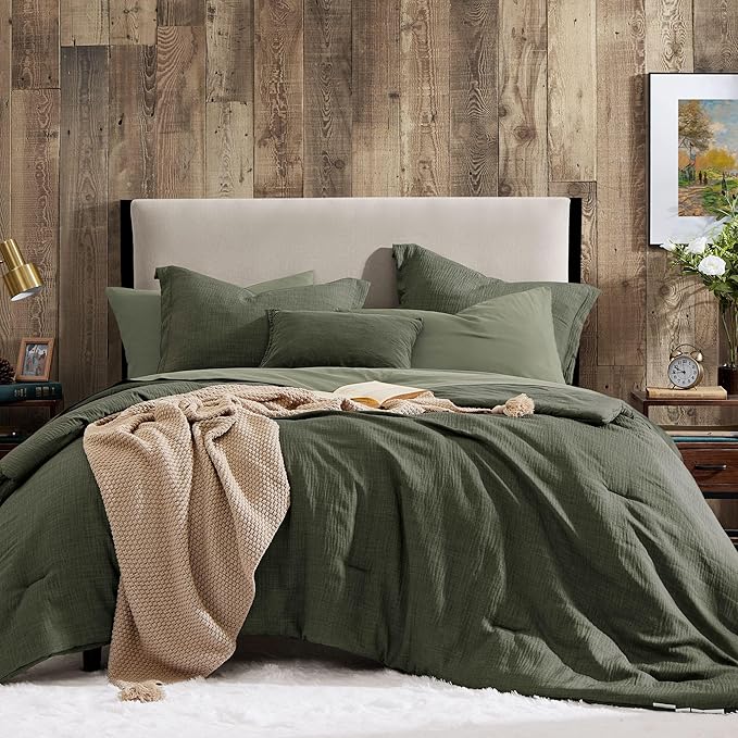 Geniospin Dark Olive Green Queen Comforter Set - 7 Pieces Comforter Queen Size, Solid Bedding Set for All Season, Textured Bed in a Bag with Sheets