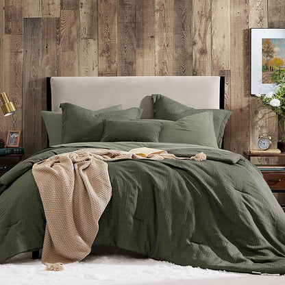 Geniospin Dark Olive Green Twin Comforter Set - 5 Pieces Comforter Twin Size, Solid Bedding Set for All Season, Textured Bed in a Bag with Sheets