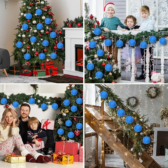 12Pcs Furry Christmas Ball Ornament for Xmas Tree Blue Soft Faux Fur Pom Pom Ball Ornaments Christmas Tree Hanging Decorations for Winter Party Home Decor Costume Supplies