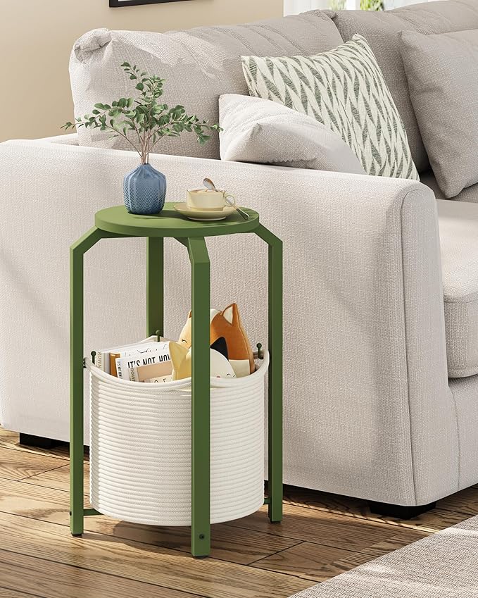 TUTOTAK Small Side Table, Round End Table, Night Stand, Bedside Table, Sofa Table with Storage Basket, Living Room, Bed Room, Olive Green TB01BOG0922