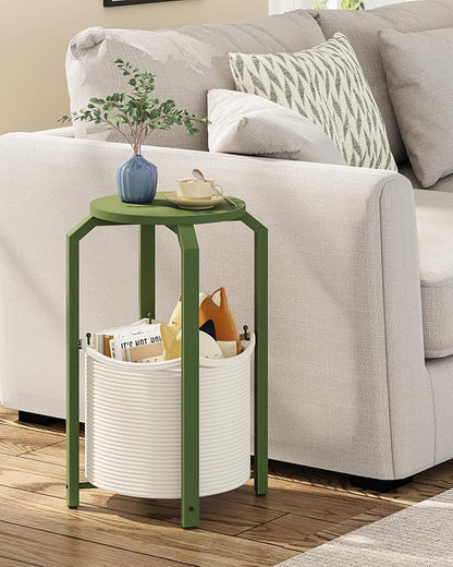 TUTOTAK Small Side Table, Round End Table, Night Stand, Bedside Table, Sofa Table with Storage Basket, Living Room, Bed Room, Olive Green TB01BOG092