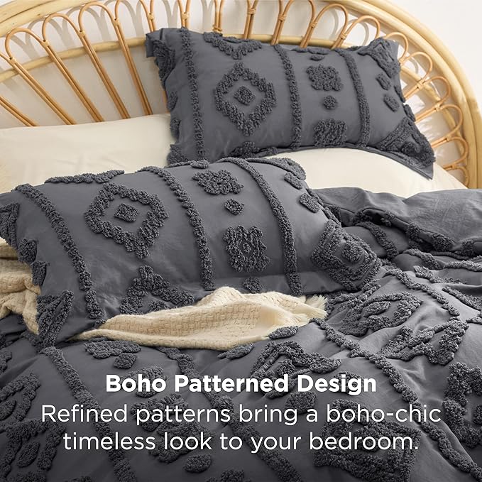 Bedsure Queen Size Comforter Set - Dark Grey Tufted Boho Bed Set, Farmhouse Shabby Chic Embroidery Bedding for All Seasons, 3 Pieces, 1 Soft Jacquard Queen Comforter and 2 Pillow Shams