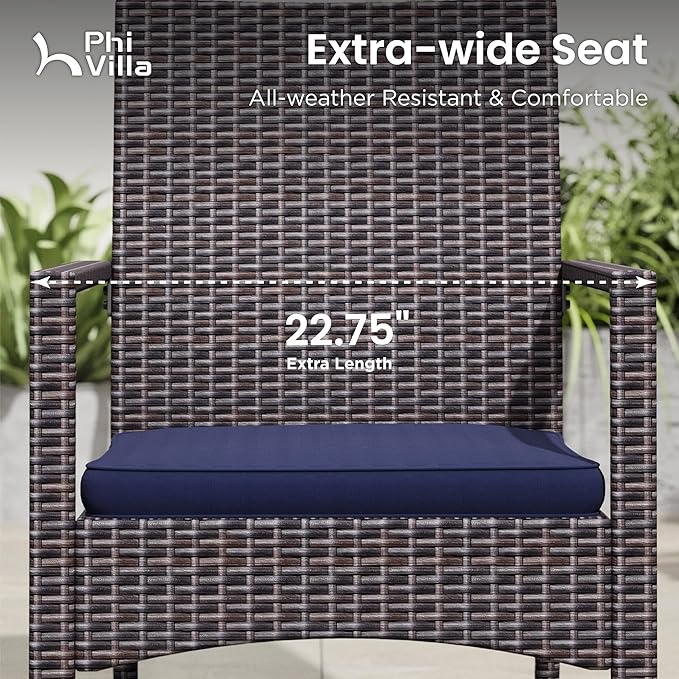 PHI VILLA Outdoor Dining Set for 8, Rectangular Wicker Table with Acacia Wood Top & Rattan Chairs with Cushions, 74” Large Modern Furniture Set for Patio, Deck, Backyard, Porch