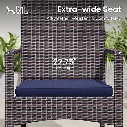 PHI VILLA Outdoor Dining Set for 6, Rectangular Wicker Table with Acacia Wood Top & Rattan Chairs with Cushions, 74” Large Modern Furniture Set for Patio, Deck, Backyard, Porch