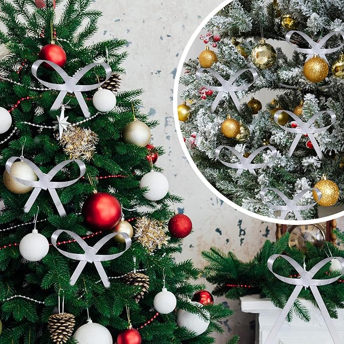 20 Pcs Christmas Metal Bow Ornaments with Clip, 5 x 6 Inch Christmas Bows Door Garland Decor Vintage Wreath Bow for Tree, Wreath, Gift Wrapping (20, White)