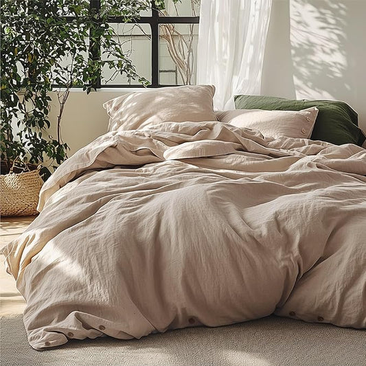 Bedsure Linen Duvet Cover Queen Size - Linen Cotton Blend Bedding Set, Soft & Cozy, 3 Pieces, 1 Duvet Cover 90x90 Inches and 2 Pillowcases, Taupe Color Cooling Bedding, Comforter Sold Separately