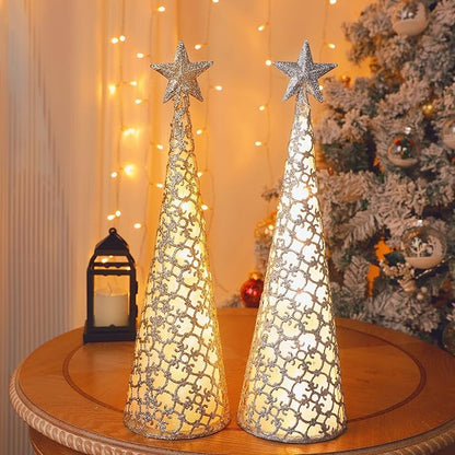 Juegoal Lighted Christmas Table Decorations with Star and 10 LED Lights Battery Operated, Indoor Xmas Thanksgiving Holiday Wedding Party Tabletop Desk Ornament, Set of 2 (Gold, Silver)