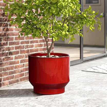 LuxenHome 13" Dia Ceramic Plant Pots, Red Glaze Indoor Outdoor Planter Pot with Drainage Hole and Rubber Plug, Modern Round Large Flower Pot for Home Garden Office or Patio