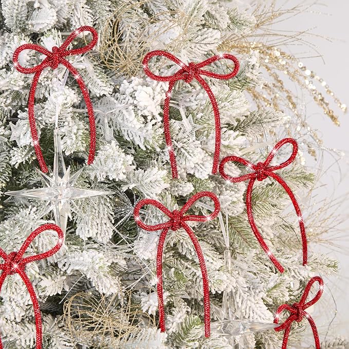 FLAIR GIFTS 6 Pcs 4.3" x 6" 2025 Christmas Red Bows for Tree Decor, Sparkly Glitter Rhinestone Bow Ornaments with Twist Tie for Xmas Decoration, Wreath, Garland, Gift Wrapping