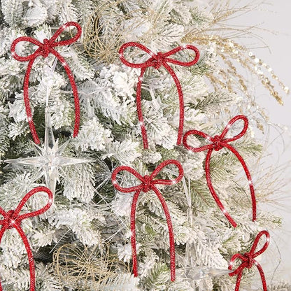 FLAIR GIFTS 6 Pcs 4.3" x 6" 2025 Christmas Red Bows for Tree Decor, Sparkly Glitter Rhinestone Bow Ornaments with Twist Tie for Xmas Decoration, Wreath, Garland, Gift Wrapping