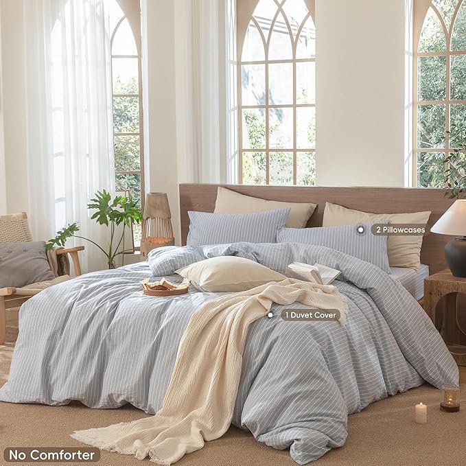 MooMee Striped Duvet Cover Set 100% Washed Cotton Linen Like Textured Breathable Durable Soft Comfy (Cornflower Blue White Wide Stripes, King 104"x90")