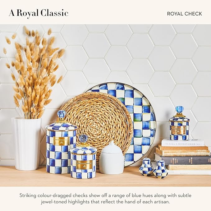 MACKENZIE-CHILDS Enamel Round Tray, Unique Serving Platter for Food and Drinks, Blue-and-White Royal Check