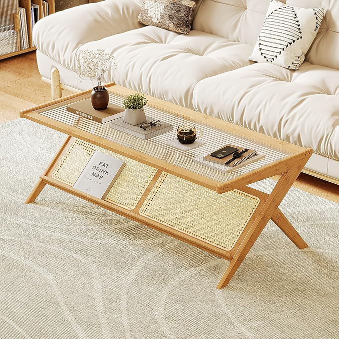 Bamworld Rattan Coffee Table Mid-Century Modern Coffee Table BambooTable with Glass Top for Living Room Office