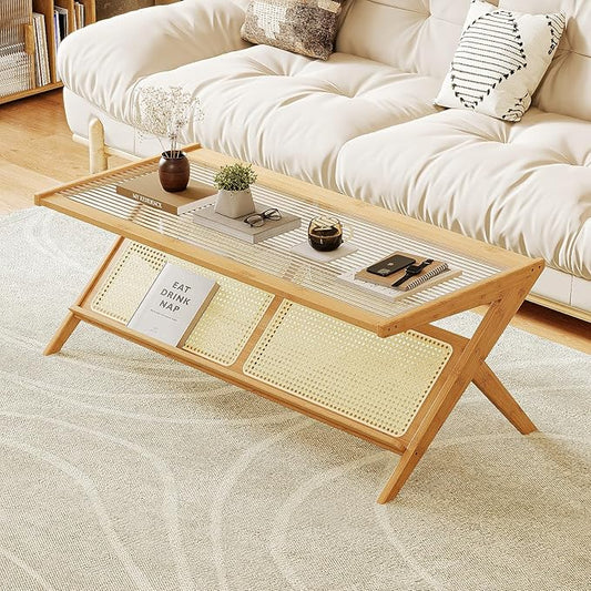 Bamworld Rattan Coffee Table Mid-Century Modern Coffee Table BambooTable with Glass Top for Living Room Office