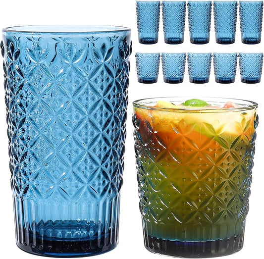 Blue Drinking Glasses Set of 12, 14 Oz Highball & 10 Oz Cocktail Glasses, Blue Kitchen Vintage Glassware Set, Floral Embossed Glass Tumbler Cups for Juice, Beer, Water, Whiskey, Coffee