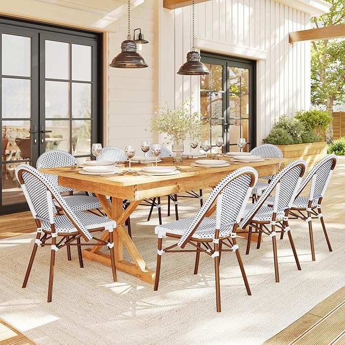 Martha Stewart Lily Pond Indoor-Outdoor Stackable Aluminum Bistro Outdoor Chair with Natural Woodgrain Frame Finish and White/Navy Woven Rattan Backrest and Seat