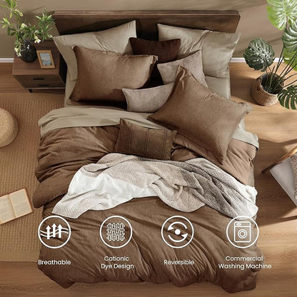 Monbix King Size Comforter Set, Brown King Bedding Set Reversible, King Comforter Set 7 Pieces, Cationic Dyeing Bed in a Bag with Comforter, Sheets, Pillowcases & Shams