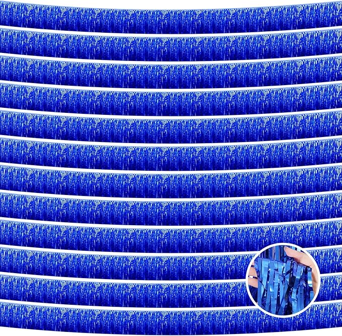 12 Pack 10 Feet Metallic Foil Fringe Garland Tinsel Streamers Banner, Blue Wall Hanging Tinsel Fringe Banners for Parade Floats, Wedding, Birthday, Christmas, New Year Party Decorations