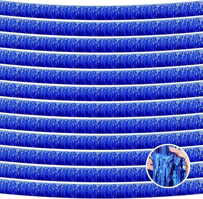 12 Pack 10 Feet Metallic Foil Fringe Garland Tinsel Streamers Banner, Blue Wall Hanging Tinsel Fringe Banners for Parade Floats, Wedding, Birthday, Christmas, New Year Party Decorations