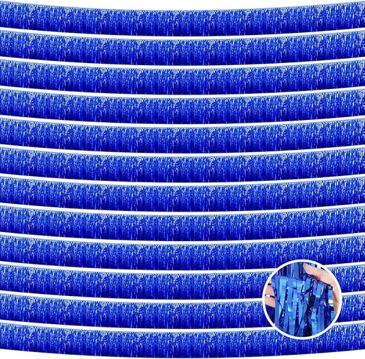 12 Pack 10 Feet Metallic Foil Fringe Garland Tinsel Streamers Banner, Blue Wall Hanging Tinsel Fringe Banners for Parade Floats, Wedding, Birthday, Christmas, New Year Party Decorations
