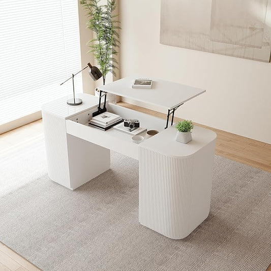 homary Modern 59.8" Standing Desk with Lift-Top & Ample Storage, Fluted Engineered Wood Home Office Desk with 2 Doors, White