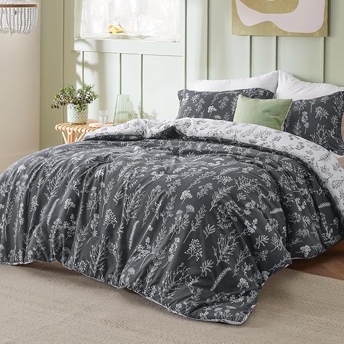 Bedsure California King Comforter Set - Dark Grey Bed Set, 3 Pieces Cute Floral Bedding, 1 Soft Reversible Botanical Flowers Comforter and 2 Pillow Shams