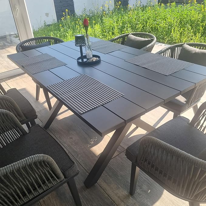 PURPLE LEAF 7 Pieces Patio Dining Table Set Wicker Outdoor Furniture Rectangular Table and Chairs Set for Garden Deck Aluminum Frame Backyard Kitchen Set, Cushions and Pillows Included Grey